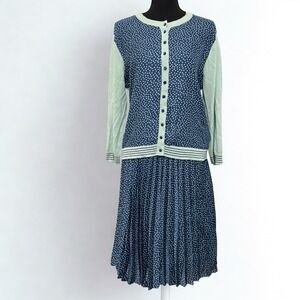 Kasper Navy‎ & Mint Polka Dot Skirt + Cardigan Set Cottagecore Preppy Size L/14